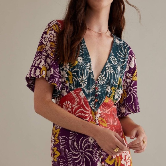 NWOT By Anthropologie Short-Sleeve V-Neck Button-Front Multicolor Midi Dress 14 - Picture 3 of 15